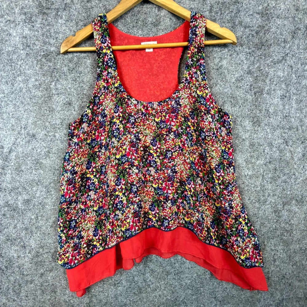 Boho Racerback Tank Top Womens Large Red Floral Handkerchief Hem Flowy Summery